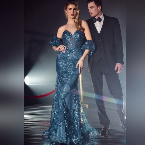 New long fitted blue glitter floral print strapless gown with sleeves - Picture 1 of 5